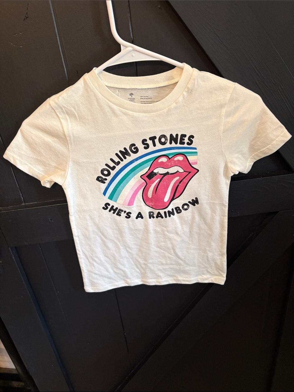 Tucker Rolling Stones She's a Rainbow Tee - White with Pink & Teal Graphic
